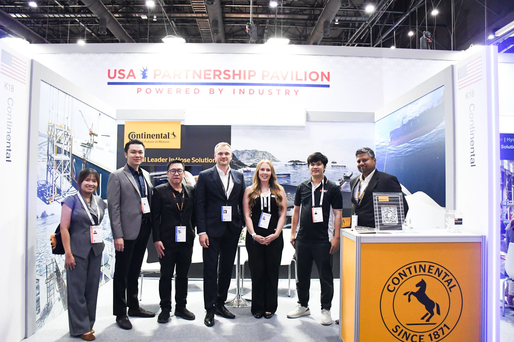 JST Group and Continental teams at stand K18 in the USA Partnership Pavilion, Gastech 2026 Bangkok