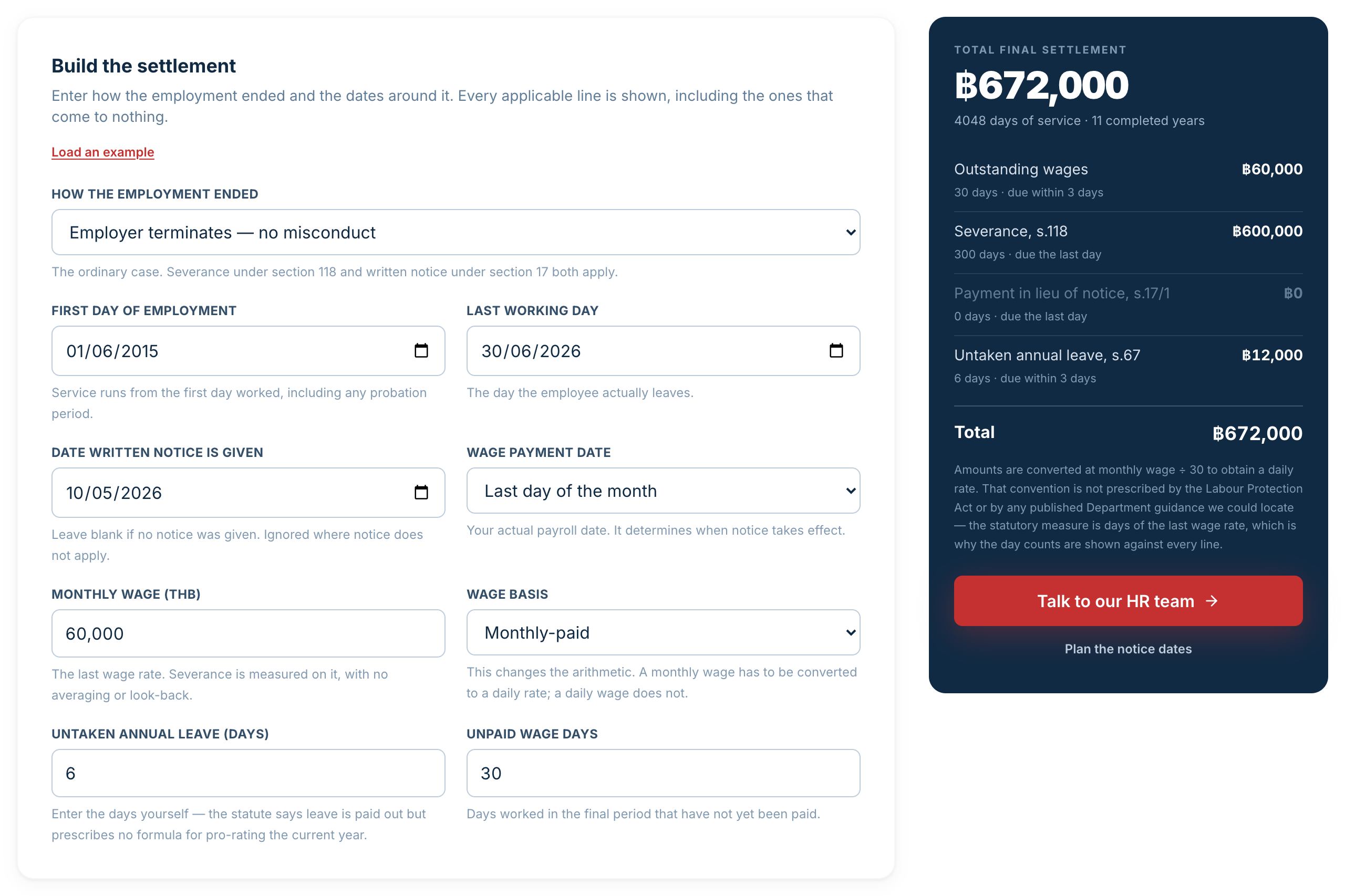 Thailand severance and final settlement calculator showing 11 years of service producing 300 days of severance with a separate deadline against each line